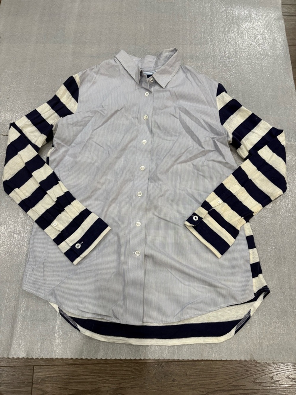 Faconnable Striped Sleeve Button-Up Shirt in Light Blue Navy Mixed Fabric